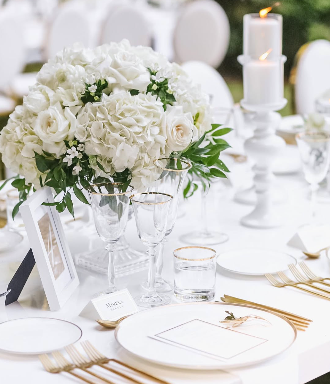Brushed Gold Coupe Chargers paired with crystal stemware and white floral centrepieces at an outdoor wedding reception
