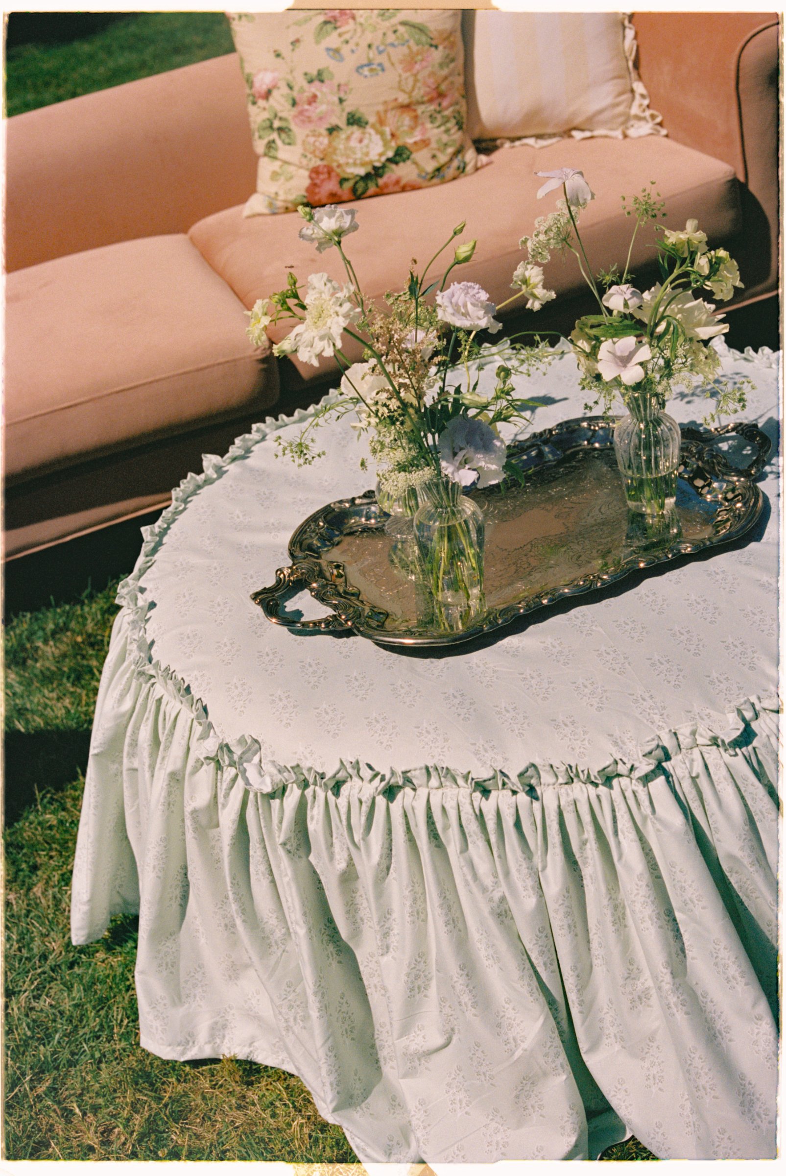 Light Sage Green Gathered Slip Cover & Ottoman